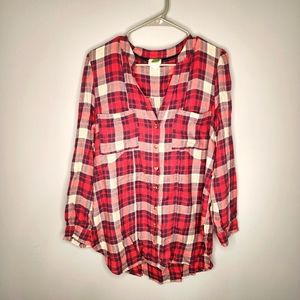 Anthropologie Plaid Flannel Button Down Tunic Top Muted Ivory Red Blue Size 14